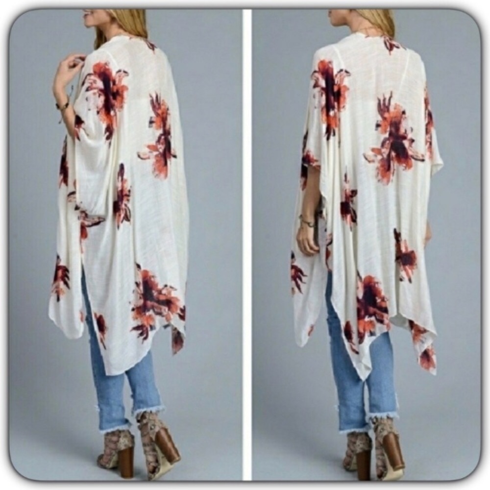 Floral Kimono Wrap Swim Coverup With Armholes O/S - Picture 5 of 8